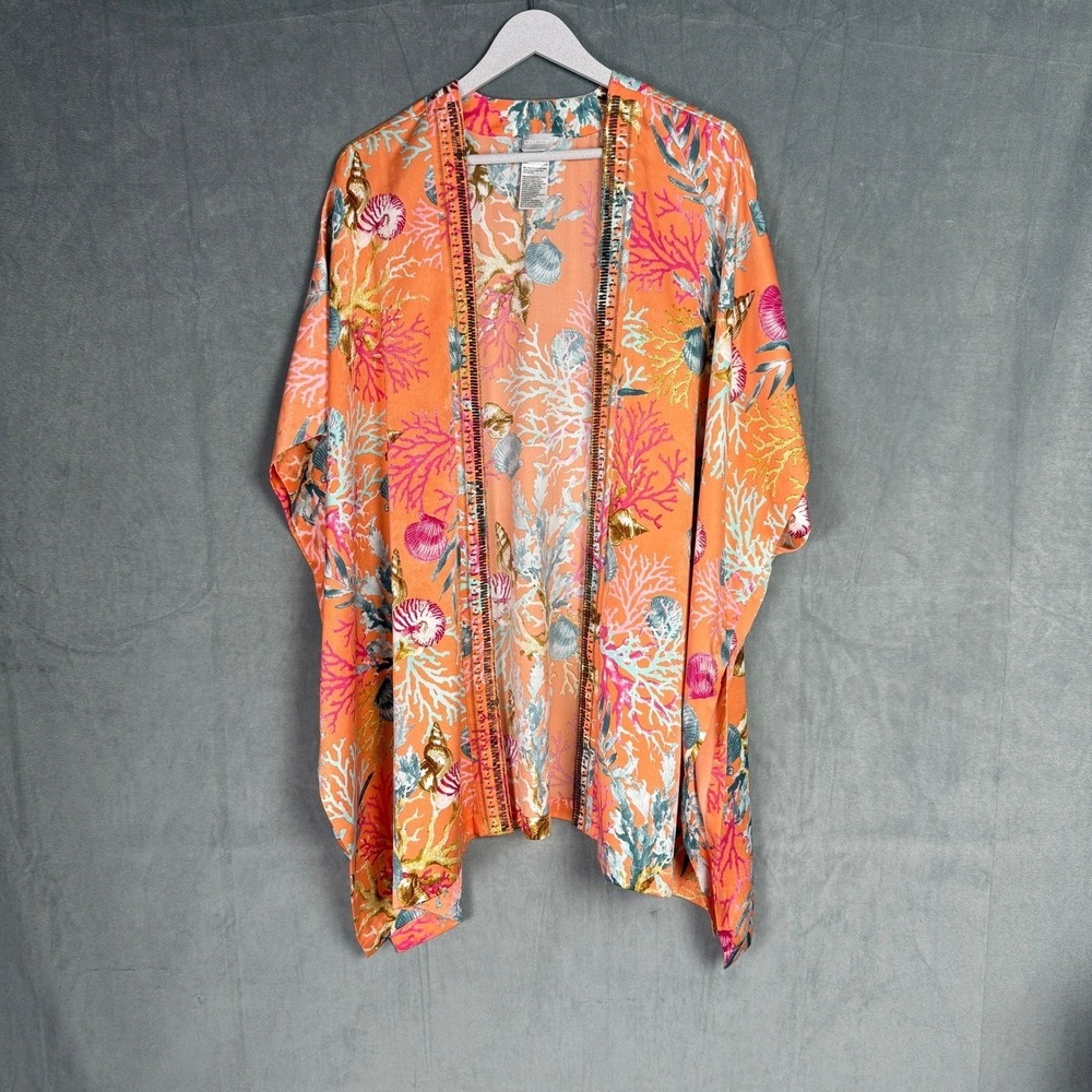 Chicos Open Kimono‎ Slip Orange L/XL Seashell Print Beaded Bright Vacation Beach